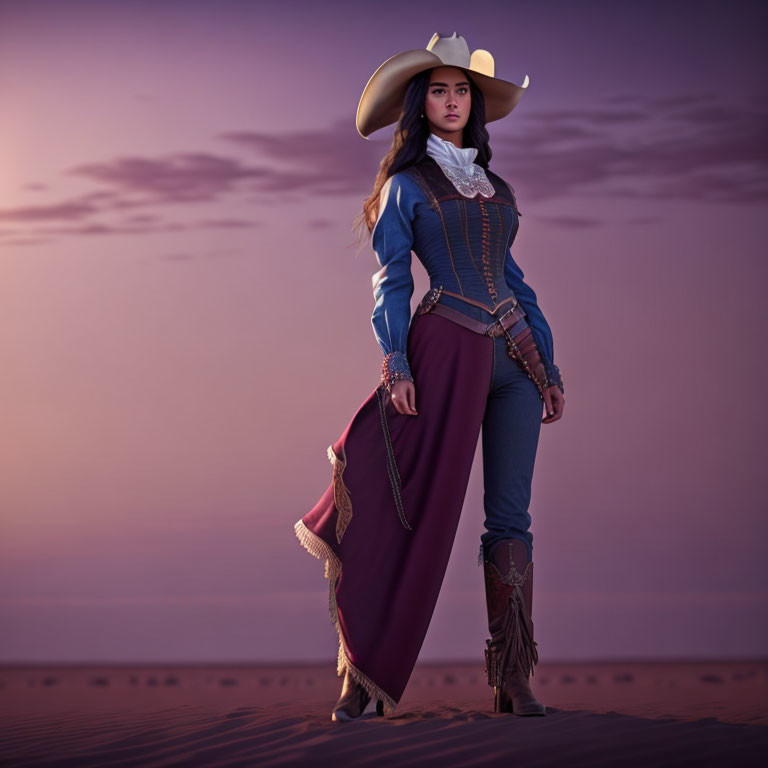 Cowboy hat woman in western attire in desert at dusk with purple sky.