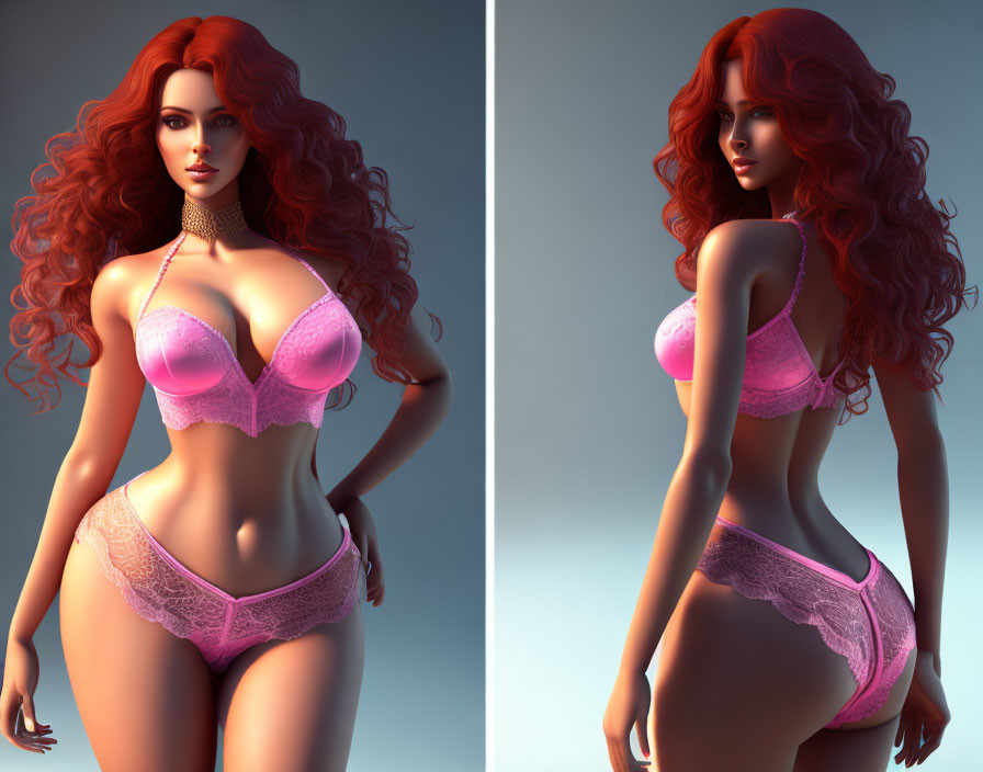 3D digital artwork of woman in pink lingerie with long red hair