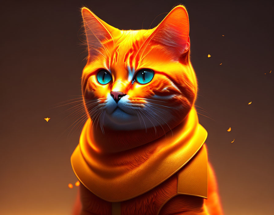 Orange Cat with Blue Eyes Wearing Scarf on Warm Background