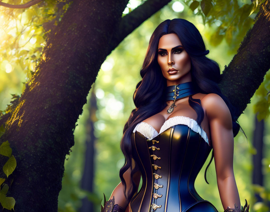 Digital artwork: Woman with long dark hair in blue corset, gold trimmings, in sun