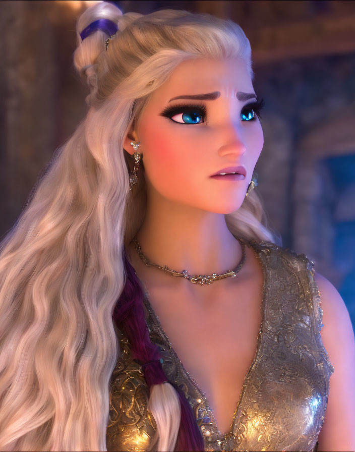 Animated female character with platinum blonde hair and blue eyes in golden dress and purple sash.