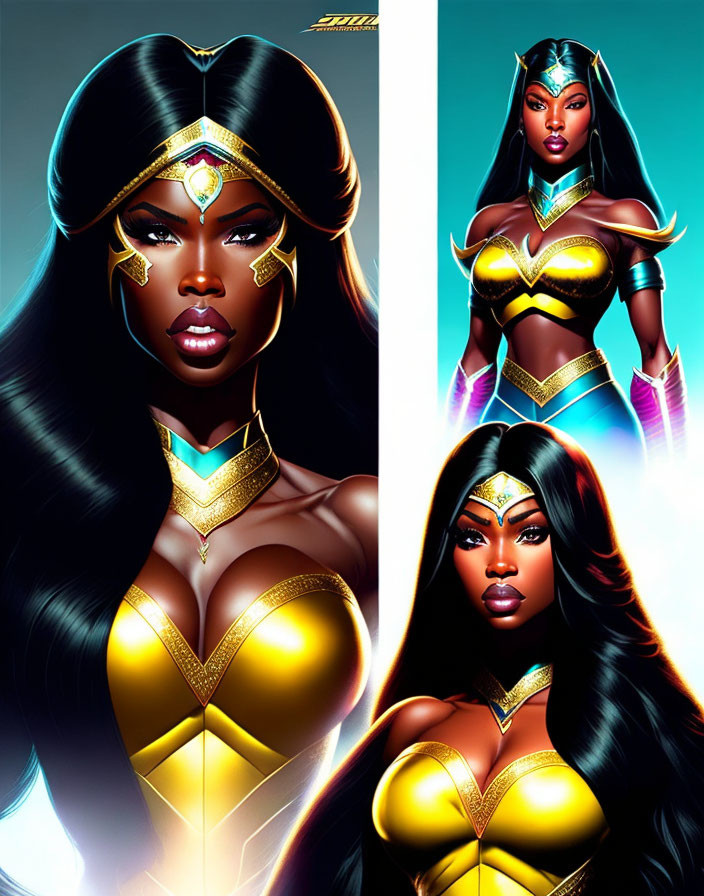 Illustration of powerful female superhero with long black hair and golden tiara.