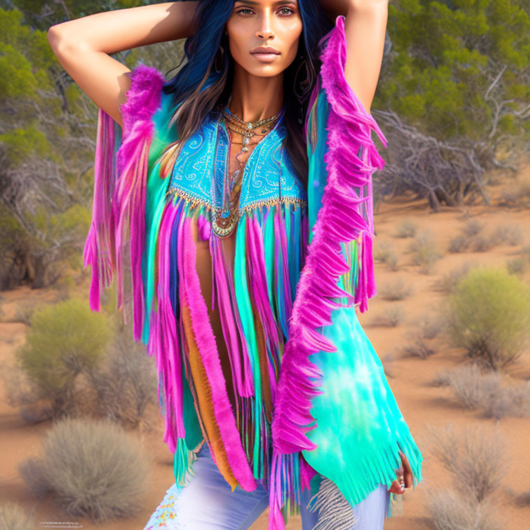 Blue-haired woman in pink and turquoise fringe clothing against desert backdrop