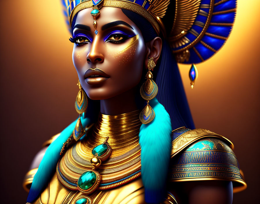 Ancient Egyptian royalty woman with opulent gold jewelry and traditional headdress