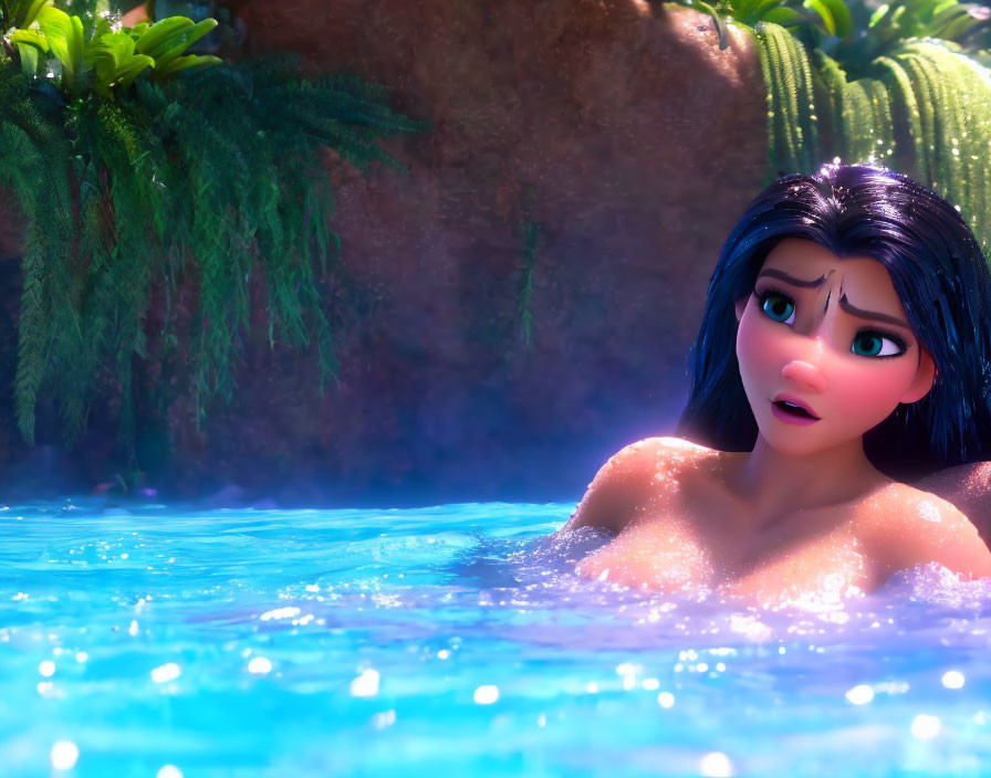 Dark-haired female character with blue eyes in a surprised expression in a sparkling blue water scene with lush green