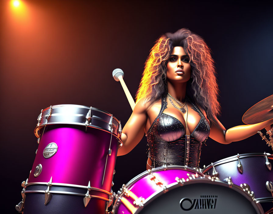 Female Musician Playing Drum Set with Voluminous Hair in 3D Render