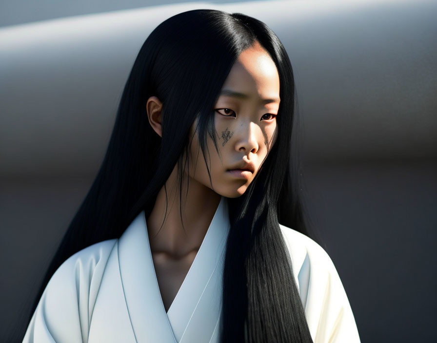 Person with Long Black Hair in White Traditional Garment