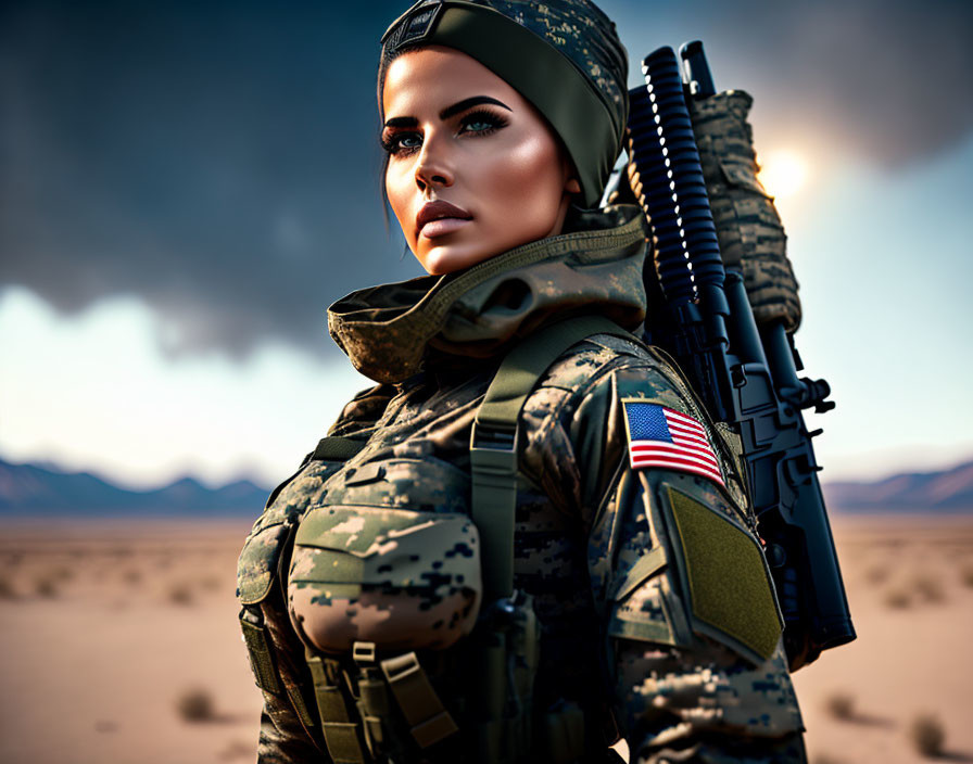 Confident woman in military gear with American flag patch in desert landscape