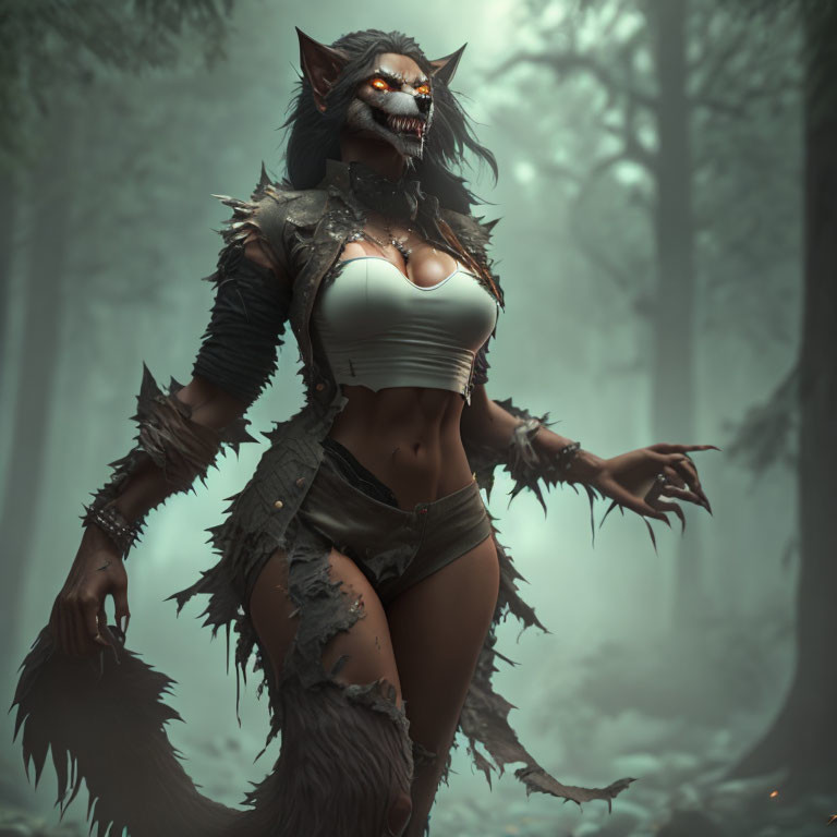 Anthropomorphic wolf-like creature in armor and tattered clothing in misty forest