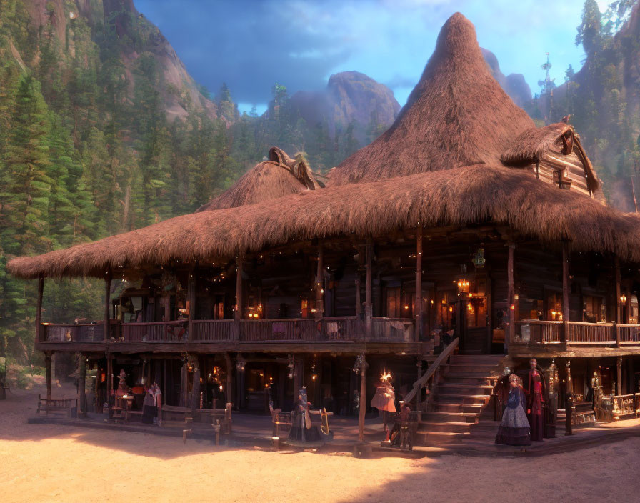 Historical scene: Two-story wooden lodge with thatched roof and people in period clothing amidst forested