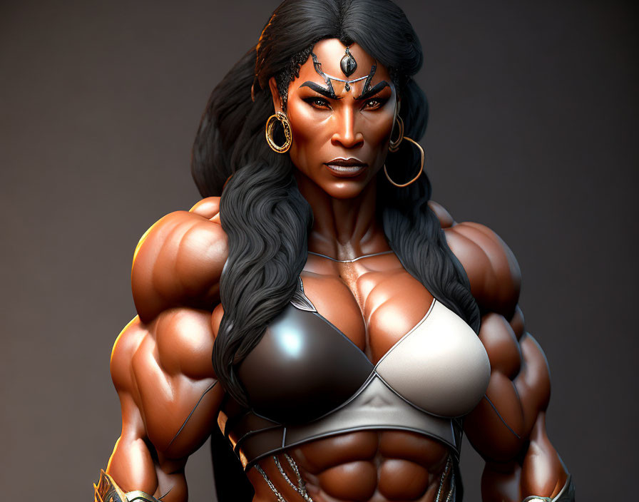 Muscular Female Warrior 3D Illustration in Metallic Bikini