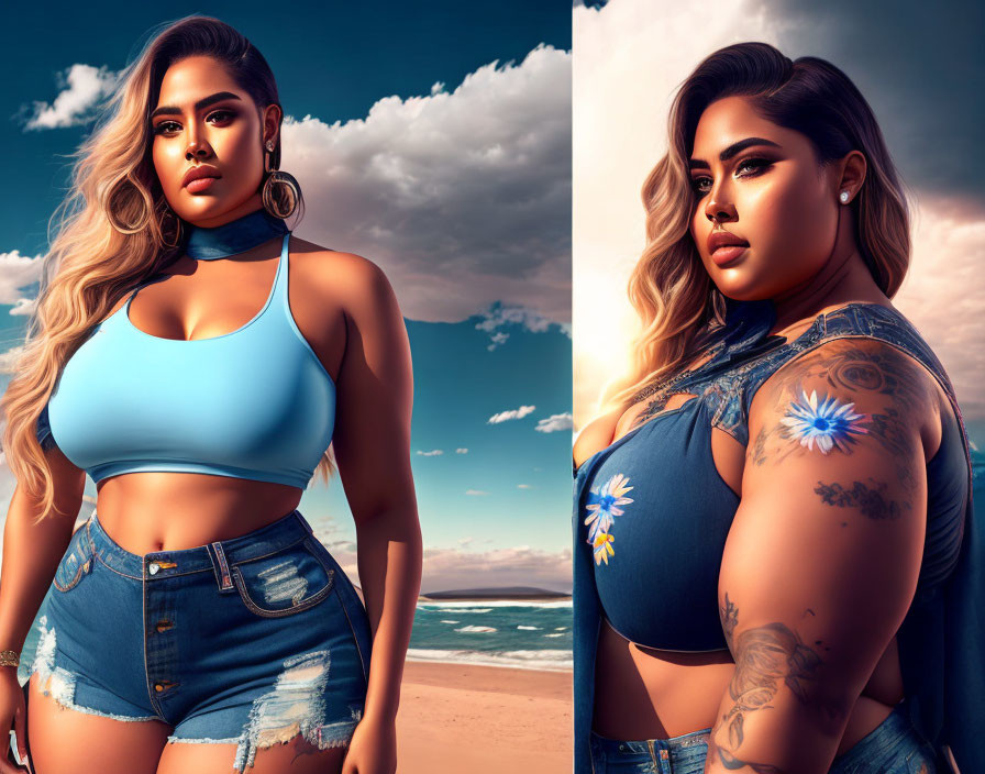 Digital artwork: Woman with long hair, blue top, denim shorts, tattoos, beach backdrop, dramatic