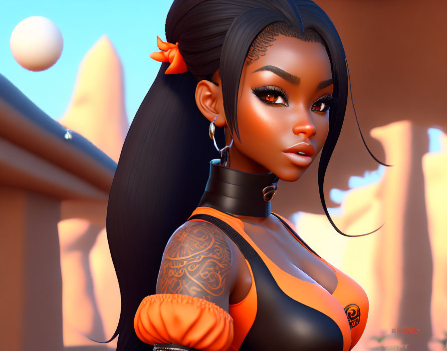 Dark-skinned female character in black and orange attire with tattoo.