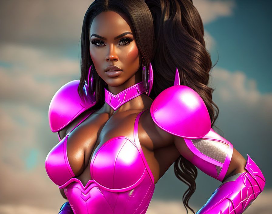 Dark-skinned woman in futuristic pink armor against cloudy sky.