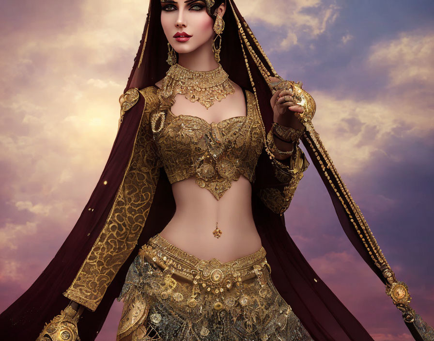 Digital artwork of woman in ornate golden attire against dusk sky