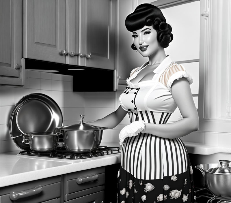 Monochrome vintage woman cooking in striped apron in retro kitchen