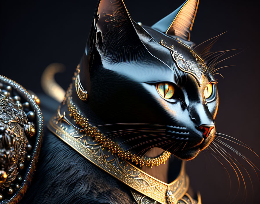 Majestic black cat in gold armor with glowing amber eyes