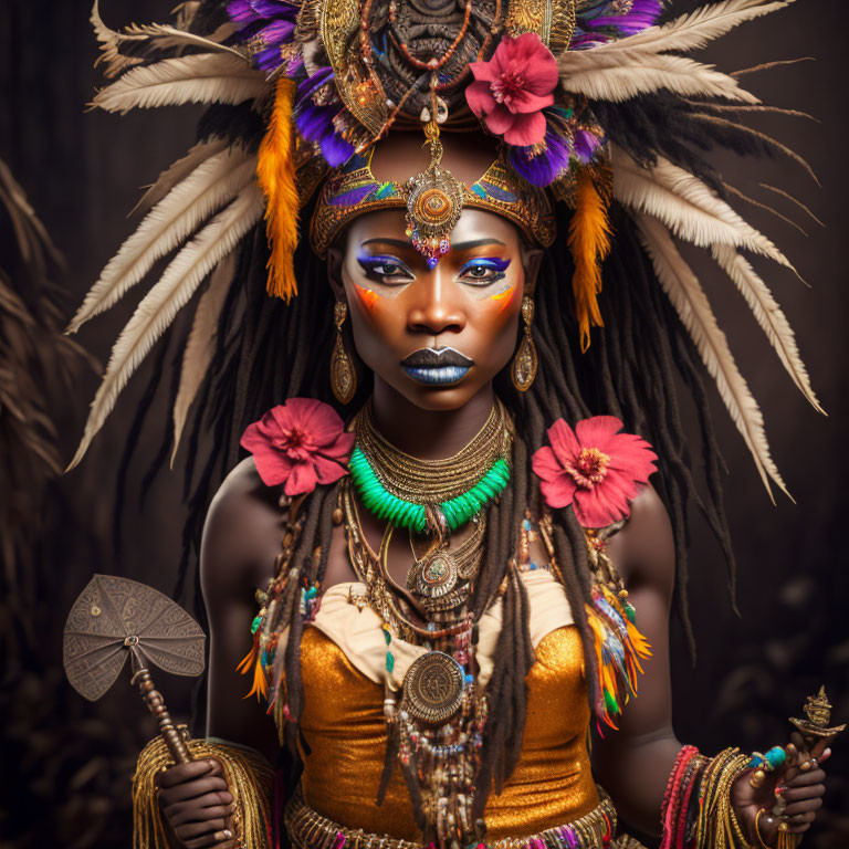 Elaborate tribal attire with feathered headdress and vibrant makeup