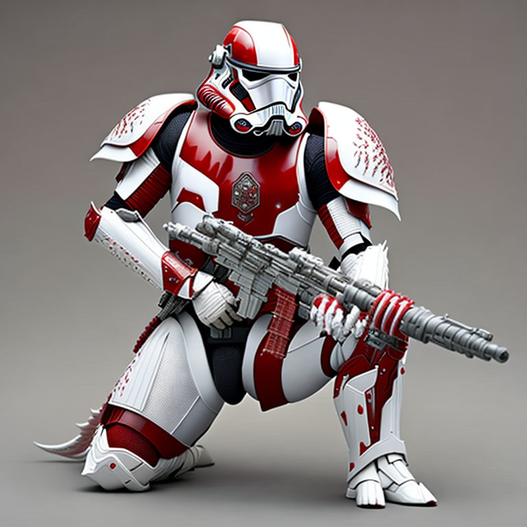 Red and White Armored Clone Trooper with Blaster Rifle in 3D Render