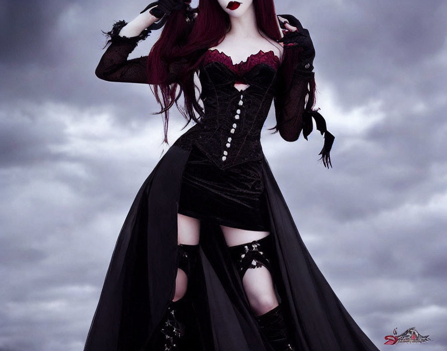 Gothic-inspired outfit with corset, black dress, and thigh-high boots against cloudy sky