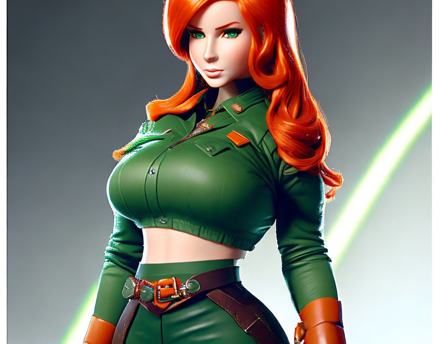 Female character with long red hair, green uniform, and glowing sword in 3D rendering