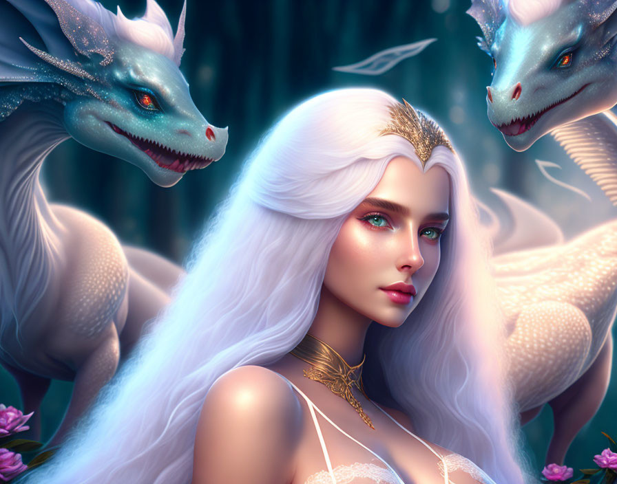 Fantasy illustration of ethereal woman with twin dragons in mystical forest