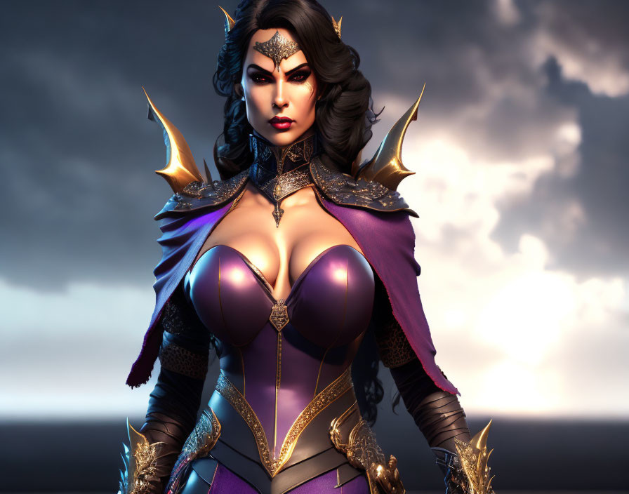 Stylized warrior woman with crown and armor in purple and gold costume