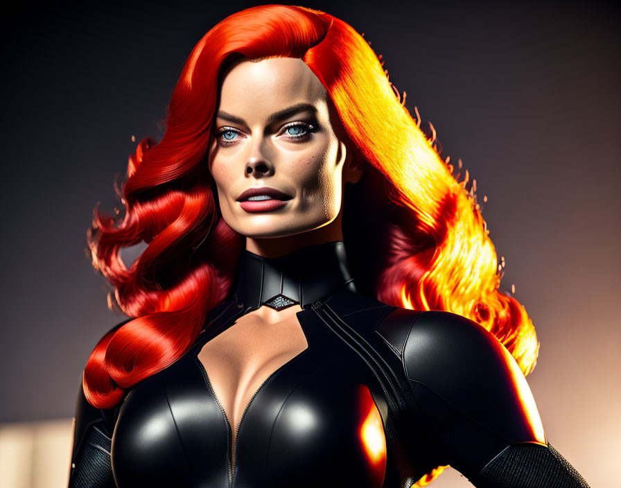 Vibrant red-haired female character in black suit on amber backdrop