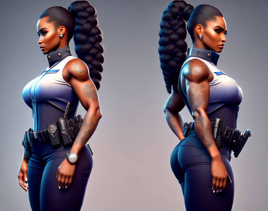 Stylized image of duplicated woman with strong physique, tattoos, and futuristic police uniform on grey background