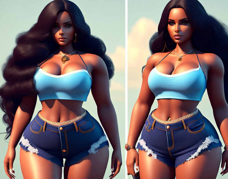 Stylized 3D Rendering of Woman in Blue Crop Top and Denim Shorts