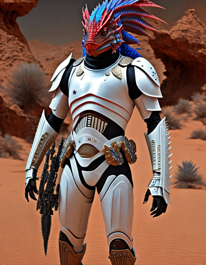 Futuristic warrior in white and silver armor with blue and red crest on barren desert landscape