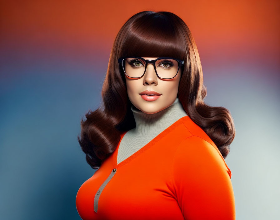 Woman with Brown Hair, Bangs, Glasses, Orange Top, Makeup, Orange-Blue Gradient Background