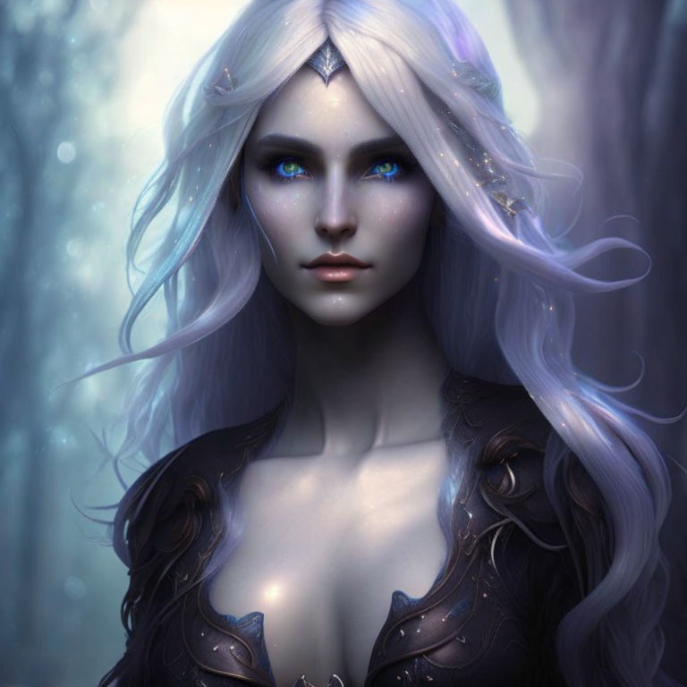 Pale-skinned female with blue eyes and silver hair in mystical forest.