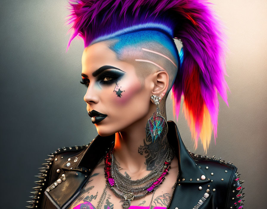 Colorful Mohawk, Heavy Makeup, Piercings, Tattoos, Studded Leather Jacket