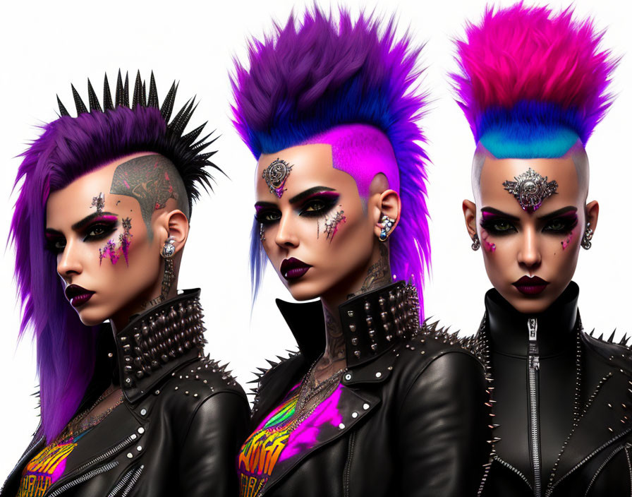 Vibrant punk-inspired characters with mohawks and leather jackets