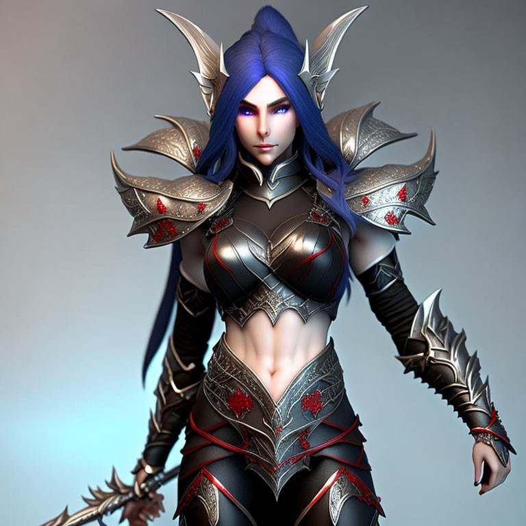 Female warrior digital artwork: blue hair, intricate armor with metallic and crimson accents, holding bladed weapon