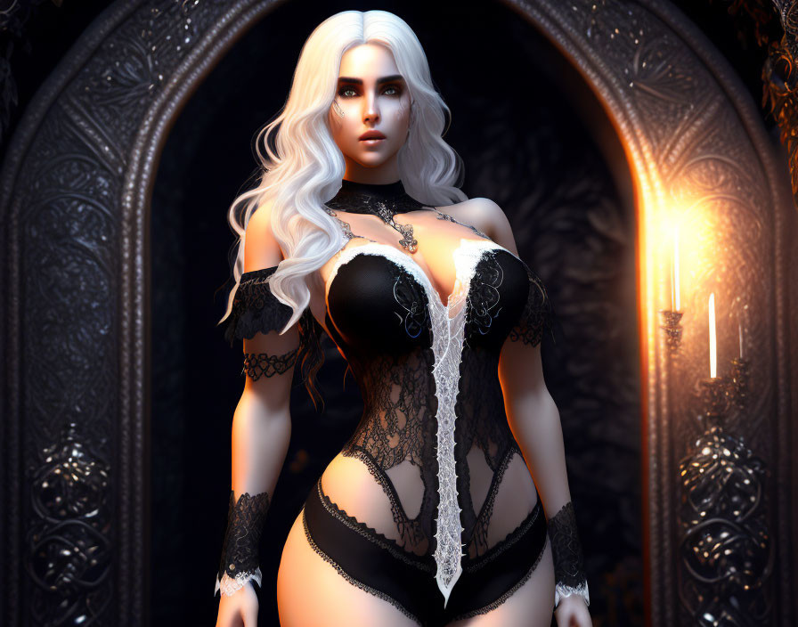 Digital Artwork: Woman with White Hair in Black Lace Lingerie by Lit Candle