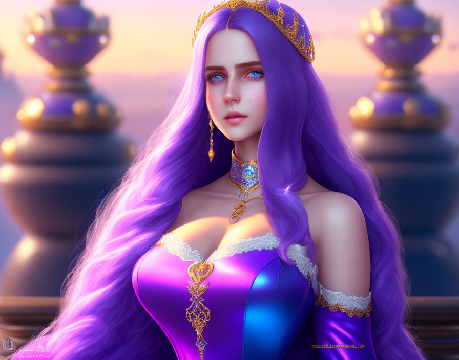 Digital artwork featuring woman with purple hair, blue eyes, in regal blue and violet dress