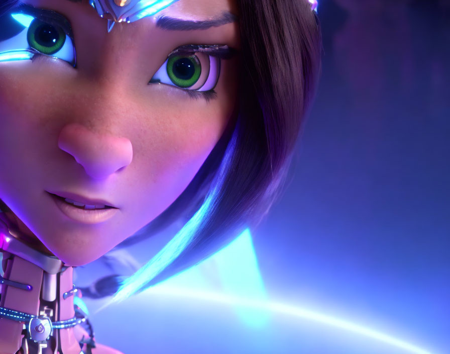 Animated female character with futuristic headgear and glowing blue accents in close-up.