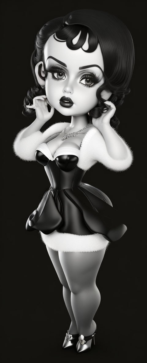 Stylized vintage cartoon female figure in black and white dress