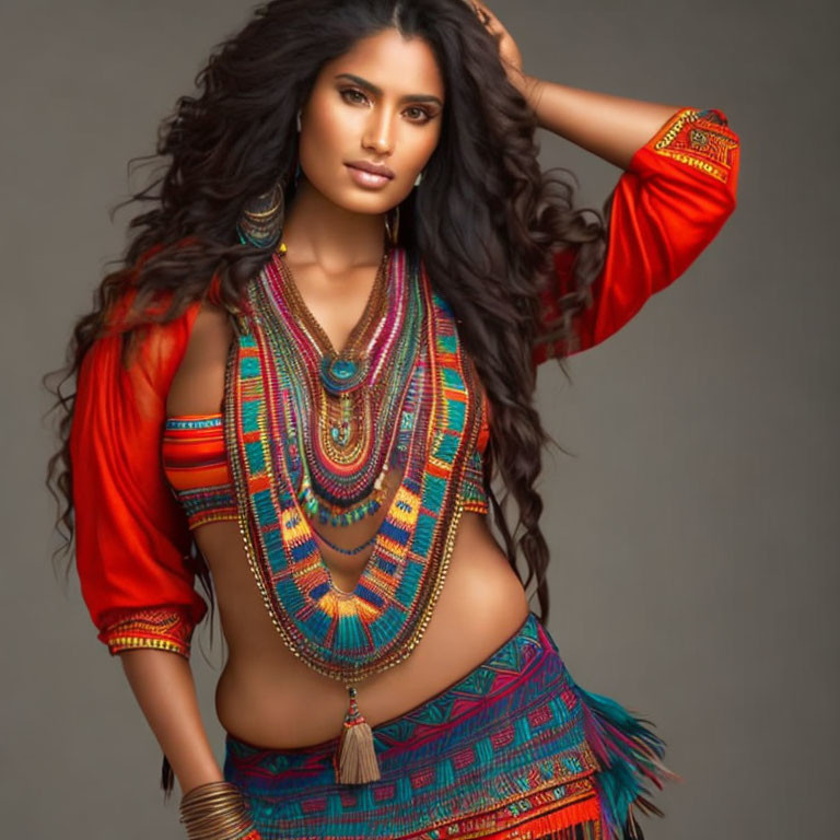 Voluminous wavy hair and vibrant tribal clothing portrait