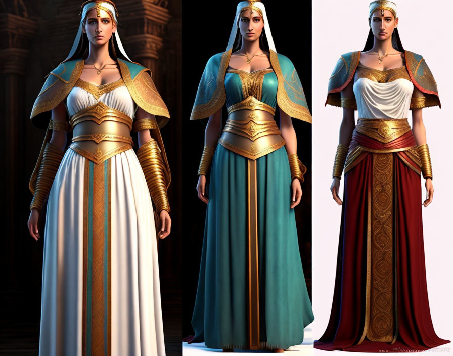 Three digital artwork depictions of a woman in ancient regal attire with gold detailing and elegant drap