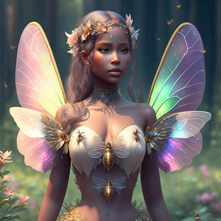 Digital Art: Fairy with Iridescent Wings in Mystical Forest