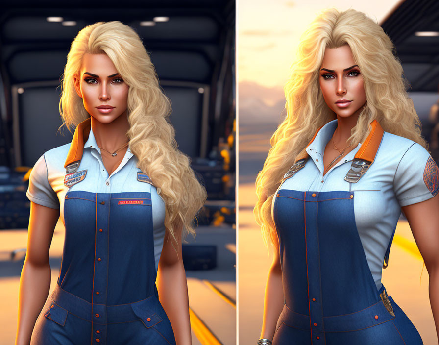 Blonde woman in mechanic's uniform with badges in hangar