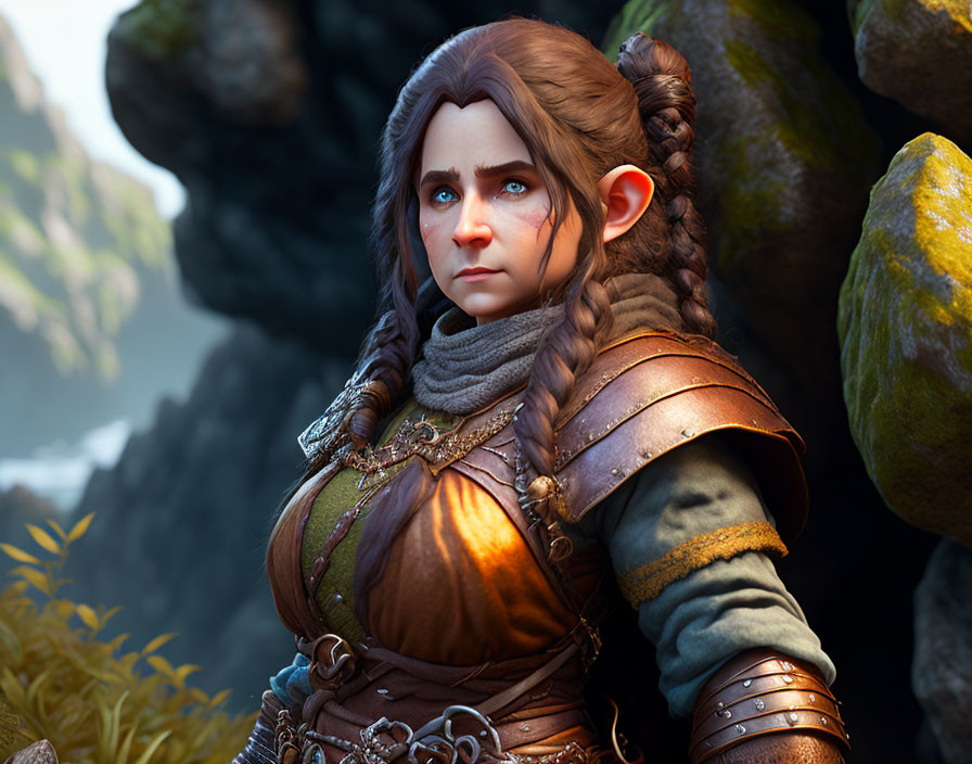 Detailed brown armored female fantasy character with pointy ears and braided hair on rocky background