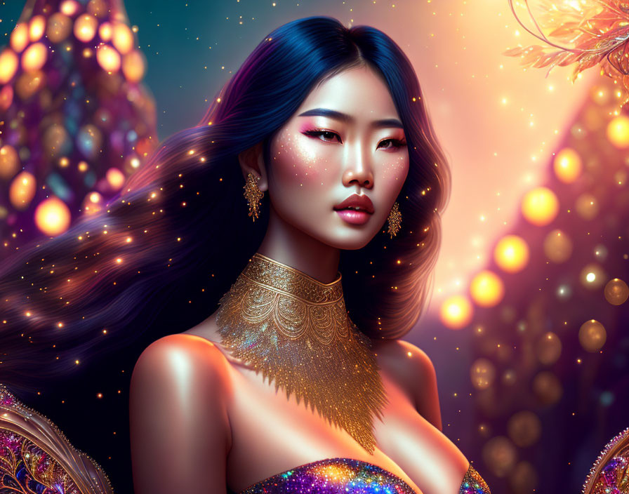 Vibrant digital illustration of a woman with blue hair and sparkling makeup