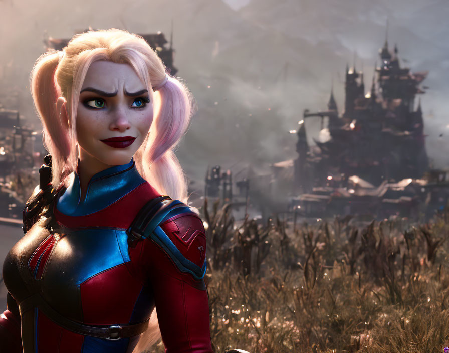 Blonde and Pink-Haired Female Character in Red and Blue Suit Contemplating at Fantasy Castle