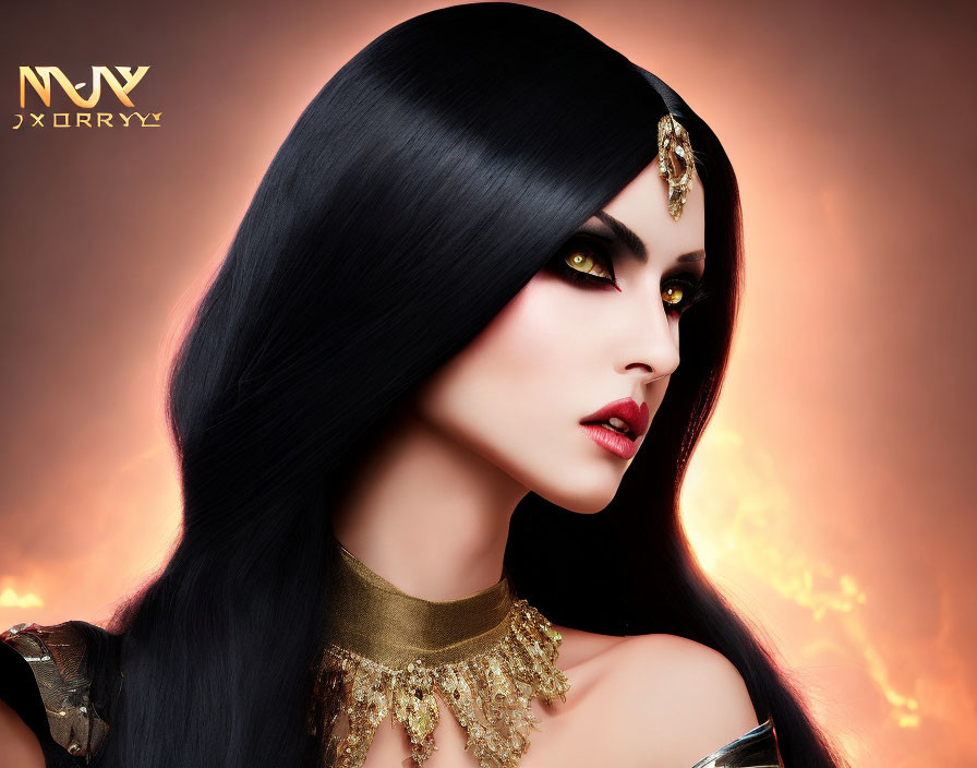 Portrait of a woman with black hair, dark makeup, and gold jewelry in mystical fantasy setting