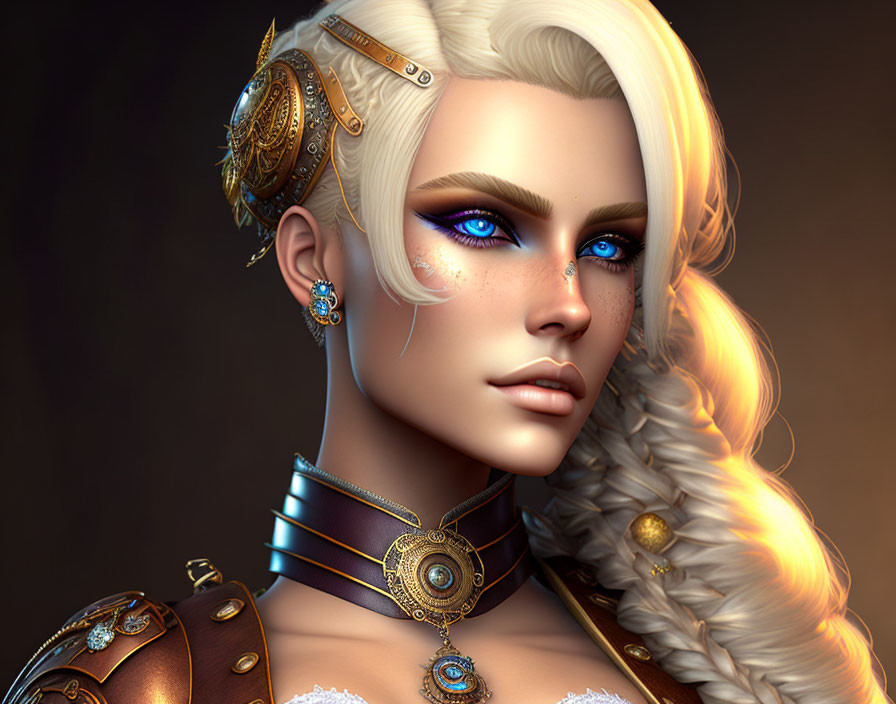 Portrait of woman with blue eyes, white hair, steampunk attire