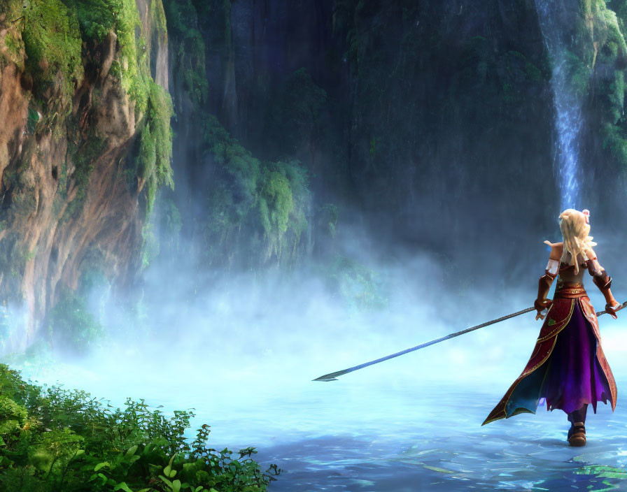 Fantasy character with long spear by misty waterfall